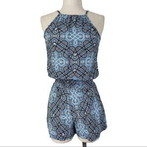 Blue black print halter neck romper sz xs by Hot Gal keyhole back elastic waist